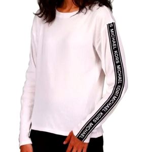 Michael Kors Women's Waffled Logo-Tape-Sleeve Top (White, Medium)